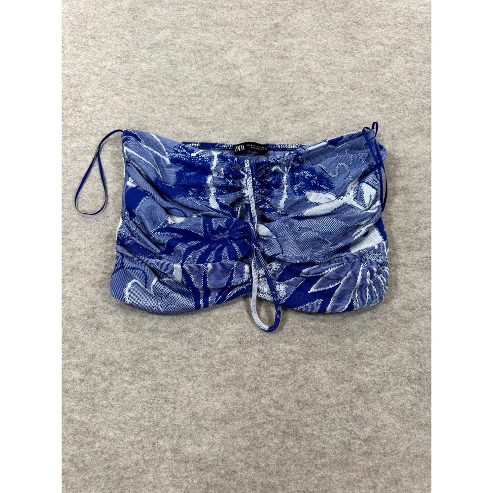 Zara Tube Top Womens Medium Blue White Tropical Jacquard Floral Cropped Ruched